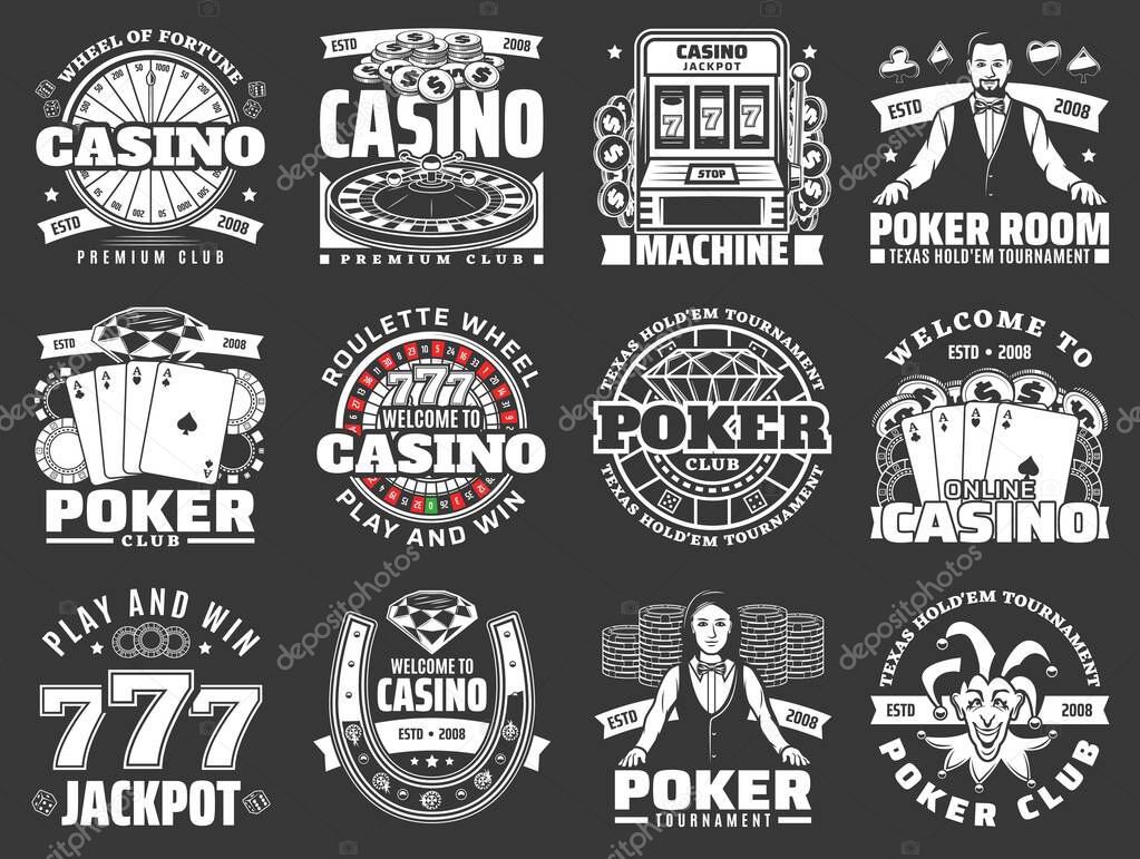 Casino and poker club monochrome icons on black. Vector jackpot of lucky seven combinations, slot machine and croupier, roulette wheel play and win. Tournament and competitions on gambling games