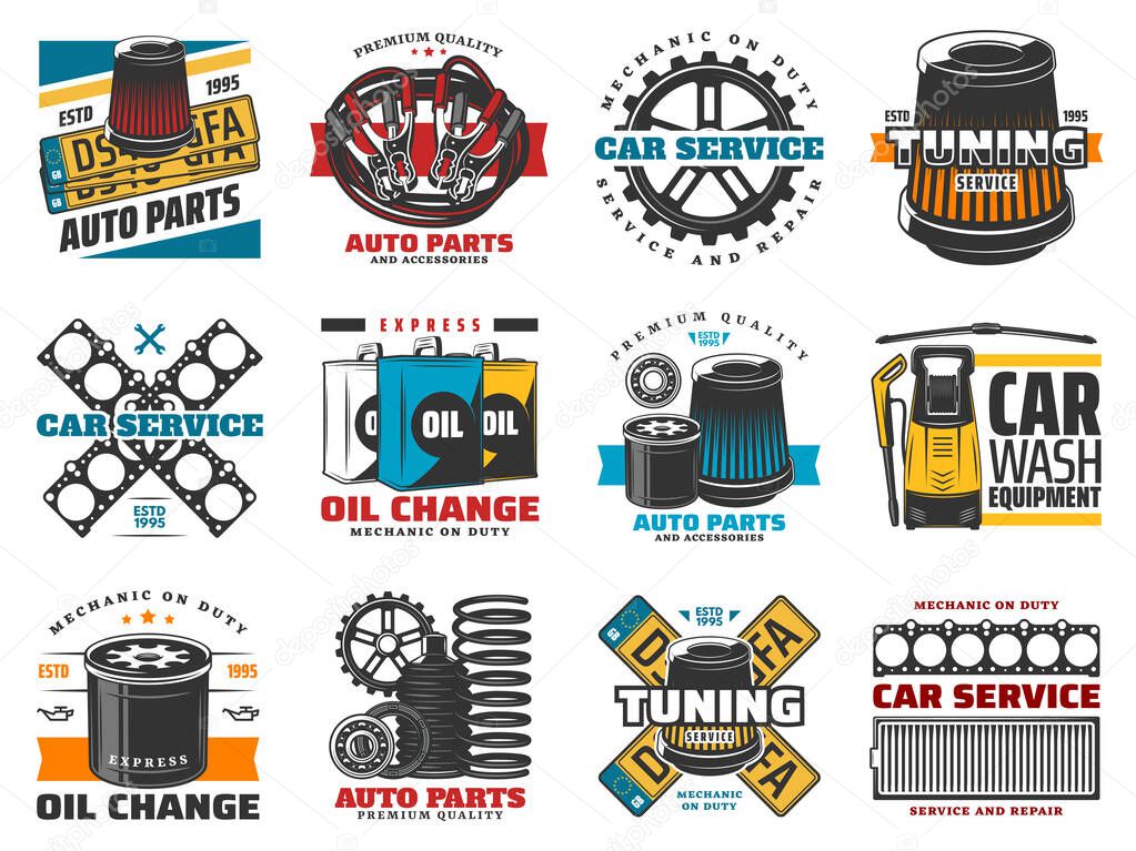 Auto spare parts and car repair services icons. Vector tuning and mechanic on duty, oil change and vehicle wash. Chassis shock absorber, engine oil filters and accumulator, pumping and plugs