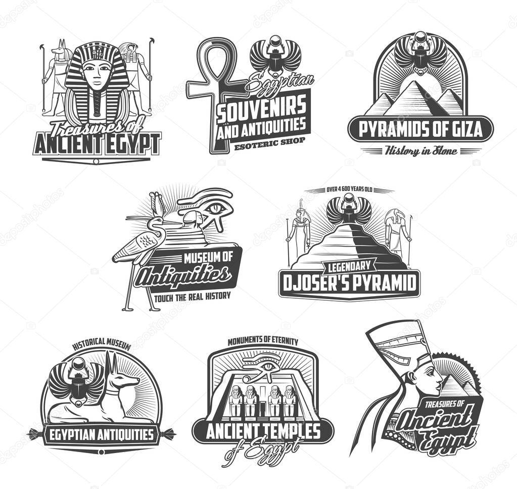 Ancient Egypt religion and culture isolated icons. Vector pharaohs and pyramids of Giza and Djoser, egyptian antiques historic museum. Anubis, Ra God, Nefertiti and Tutankhamen, Horus eye