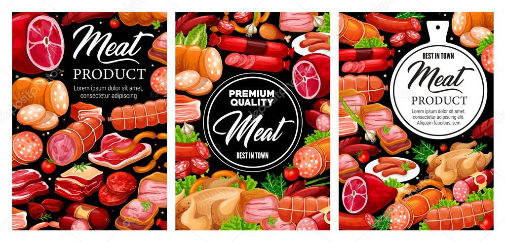 Meat and sausages, vector butchery food products