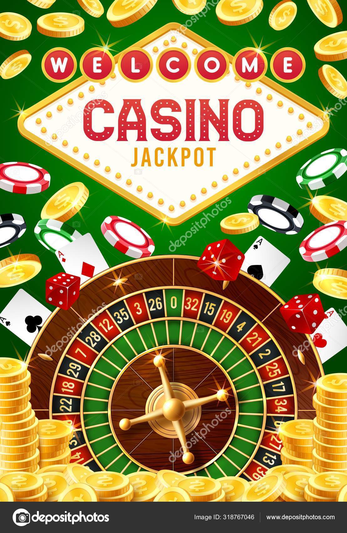 Ruleta de Casino, fichas, dados y naipes Vector de stock por ©Seamartini  318767046