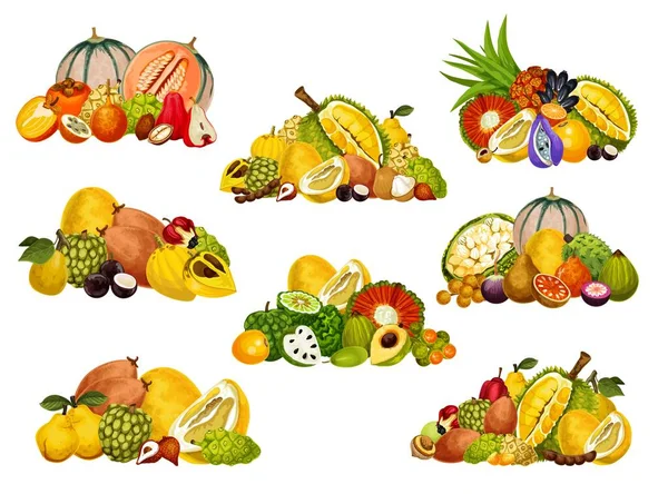 Iconos de frutas y bayas. Alimentos afrutados exóticos — Vector de stock