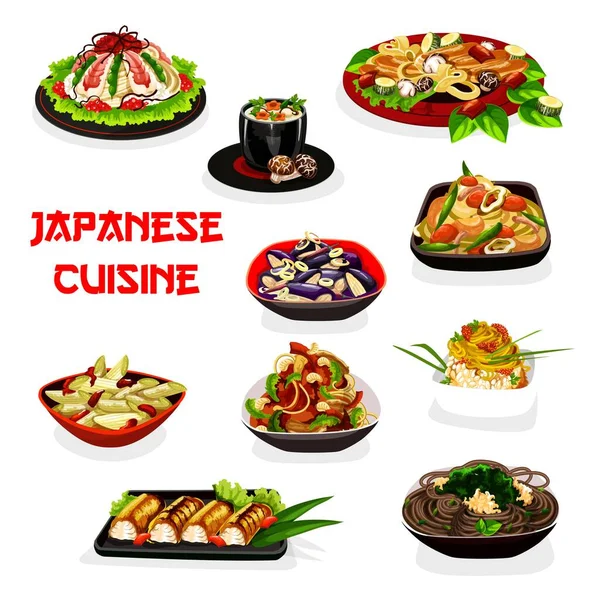 Comida japonesa de arroz, macarrão, sushi de camarão, peixe —  Vetores de Stock