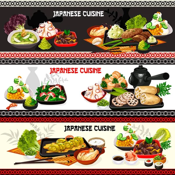 Japanese sushi rolls, vegetable salads, meat stews — Stock Vector