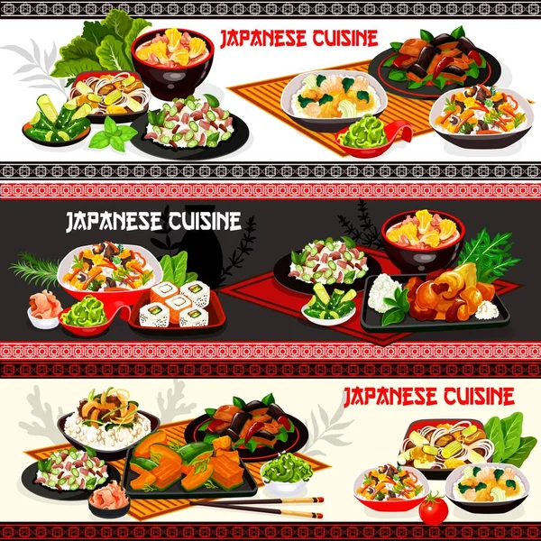 Sushi japonês com peixe, arroz, legumes, macarrão — Vetor de Stock