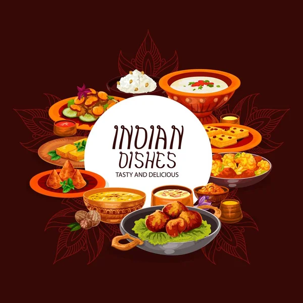 Dania kuchni indyjskiej z ryżem, mięsem curry i warzywami — Wektor stockowy