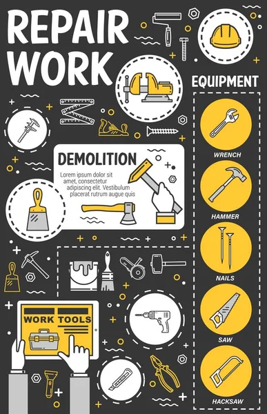 Herramientas de reparación. Martillo, taladro, conductor de tripulación, alicates — Vector de stock