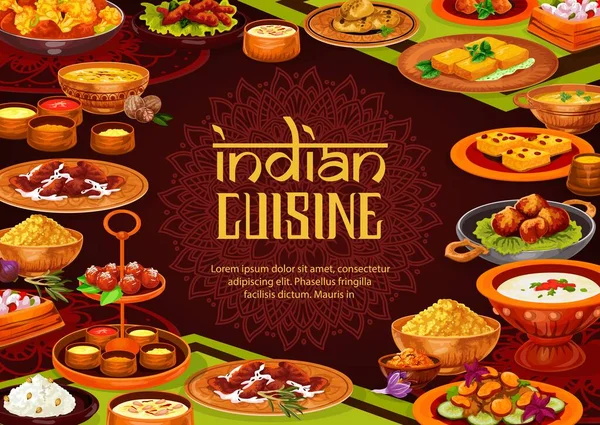 Pratos indianos de carne, arroz, legumes, frutos do mar — Vetor de Stock
