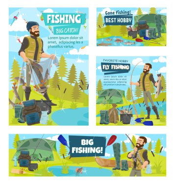 Fishermen with fish, fishing net, boat and rod clipart