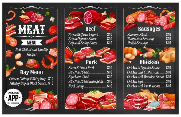 Menu van gegrilde vleesworst, rundvlees, varkensvlees, kip — Stockvector