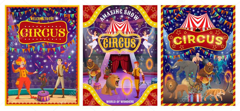 Circus show clown, acrobats, juggler, strongman