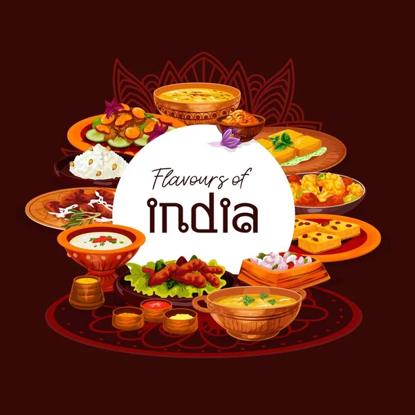 Talerze indyjskie z ryżem, mięsem i warzywami — Wektor stockowy
