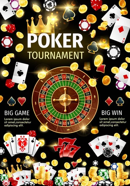 포커 카드, 주사위, 칩, 그리고 돈. 도박 게임 — 스톡 벡터