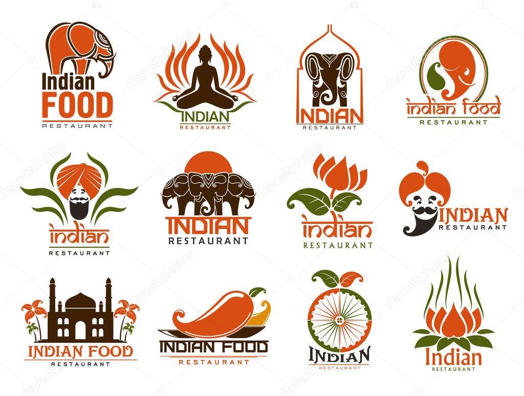 Indian food restaurant vector icons with elephants, lotus flower and bearded chef with turban, chilli peppers, Taj Mahal and dharma wheel. Asian cuisine emblems design