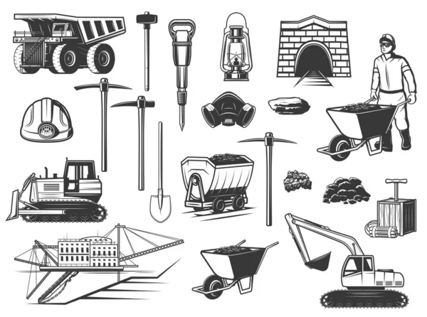 Ícones de mineiro, capacete, picareta e equipamentos de mineração — Vetor de Stock
