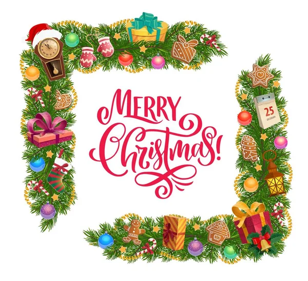 Vánoční dárky a vánoční strom věnec rám rohu — Stockový vektor