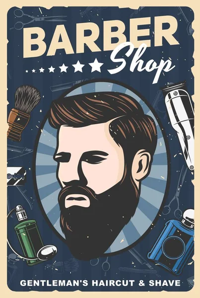 Man with beard, mustaches, barbershop razor, comb — Stock Vector