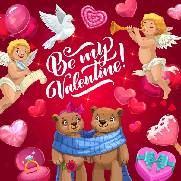 Liebe Herzen, Cupids und Bärenpaar. Valentinstag — Stockvektor
