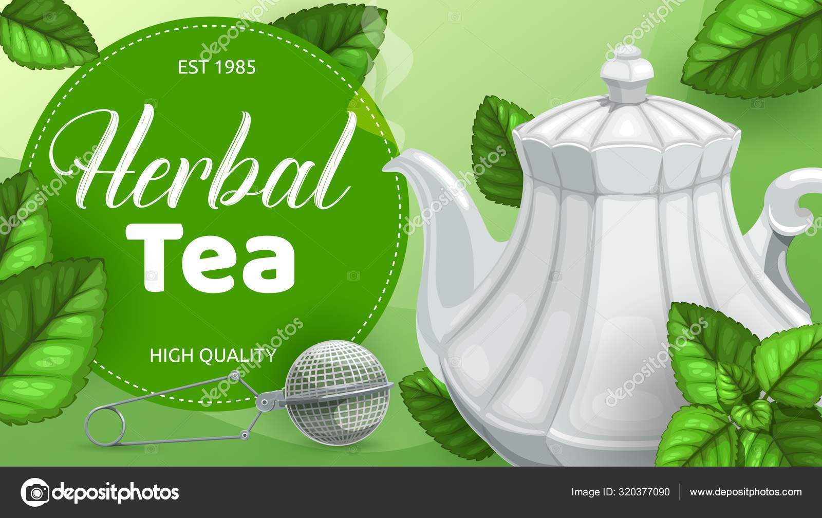 Green or herbal tea leaves with teapot, mesh spoon Stock Vector Image