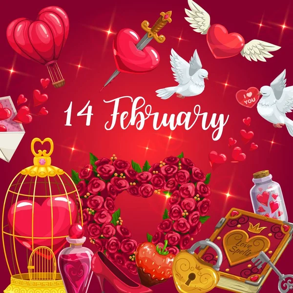 Flores de rosa, dia dos namorados corações, pombas pássaros — Vetor de Stock