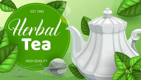 Hojas de té verde o de hierbas con tetera, cuchara de malla — Vector de stock