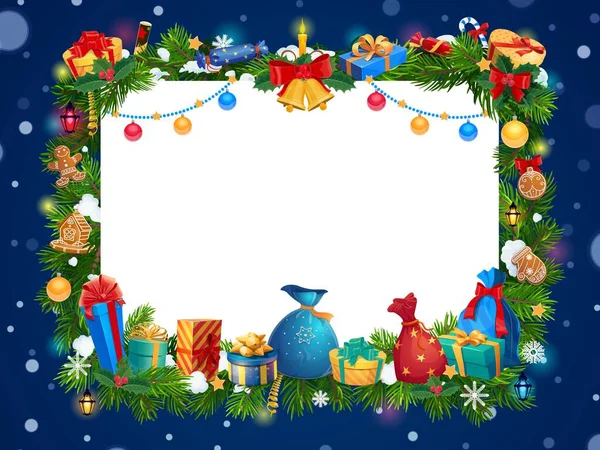 Χριστουγεννιάτικο δέντρο και δώρα Πρωτοχρονιά γιρλάντα πλαίσιο — Διανυσματικό Αρχείο