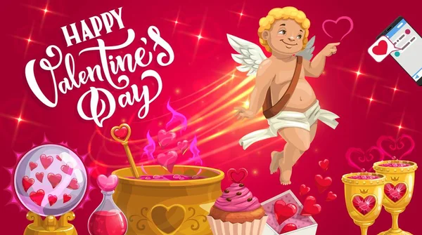 Cupido con poción de amor, corazones rojos, pastel de chocolate — Vector de stock