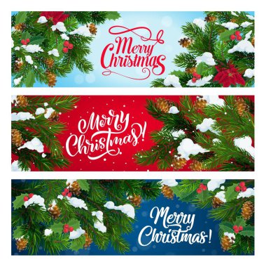 Noel ağacı ve karlı çobanpüskülü. Xmas pankartları
