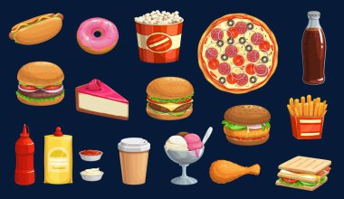 Fast food pizza, hamburger, sosisli ve patates kızartması.
