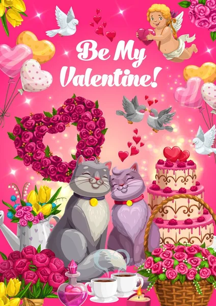 Regalos de San Valentín, corazones de amor y pareja de gatos — Vector de stock