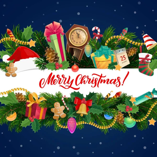 Christmas gifts, stocking and bell. Xmas garland — Stock Vector