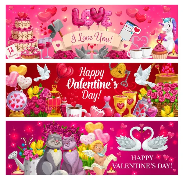 Valentinstag rote Herzen, Blumen, Geschenke, Amor — Stockvektor