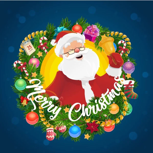 Couronne de Noël avec le Père Noël et la cloche de Noël — Image vectorielle