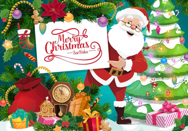 Santa med julkort, julgran och presenter — Stock vektor