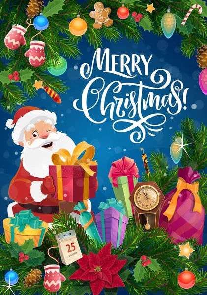 Santa s vánoční dárky a vánoční strom věnce — Stockový vektor