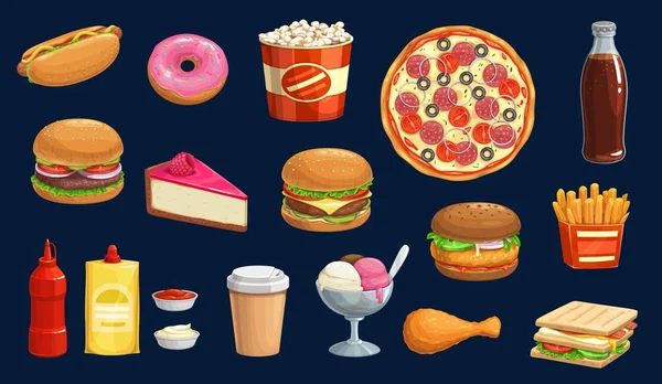 Fast food pizza, burger, hot dog and fries icons