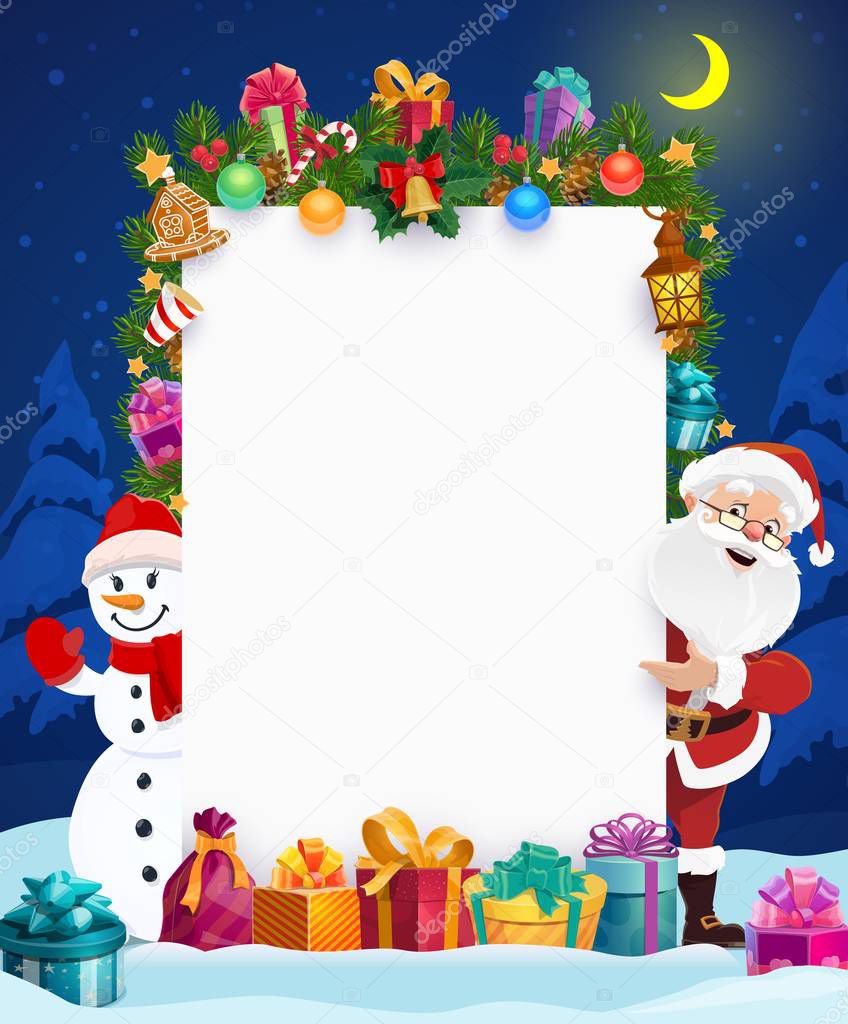 Santa Claus and snowman with blank Christmas card