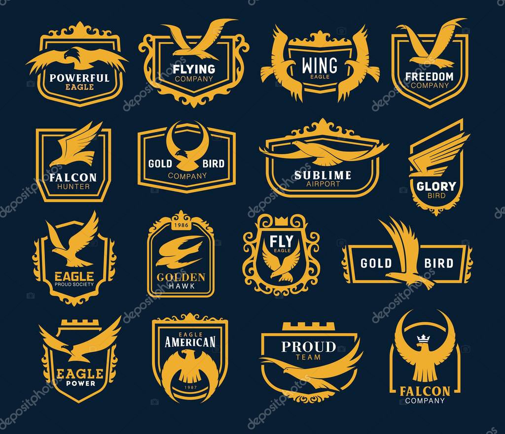 Vector heraldic golden hawk and eagle wings in shield, airlines and airport company, sport team and hunter club icons. Heraldic eagle icons, company and business identity template