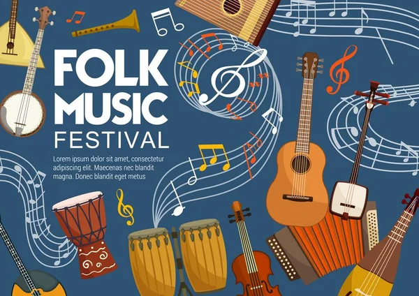 Festival de música folclórica, notas musicales e instrumentos — Vector de stock