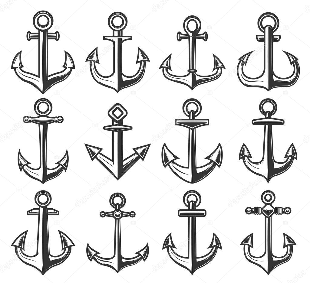 Nautical ship anchors, heraldic marine symbols