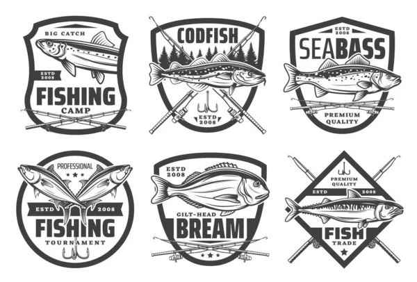 Iconos de pesca deportiva, señuelos y tacleadas — Vector de stock