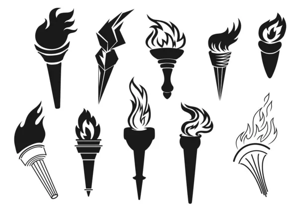 Iconos de la antorcha encendida fuego luz — Vector de stock