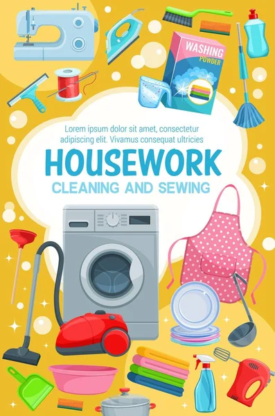 Nettoyage de maison, blanchisserie, lavage et couture — Image vectorielle