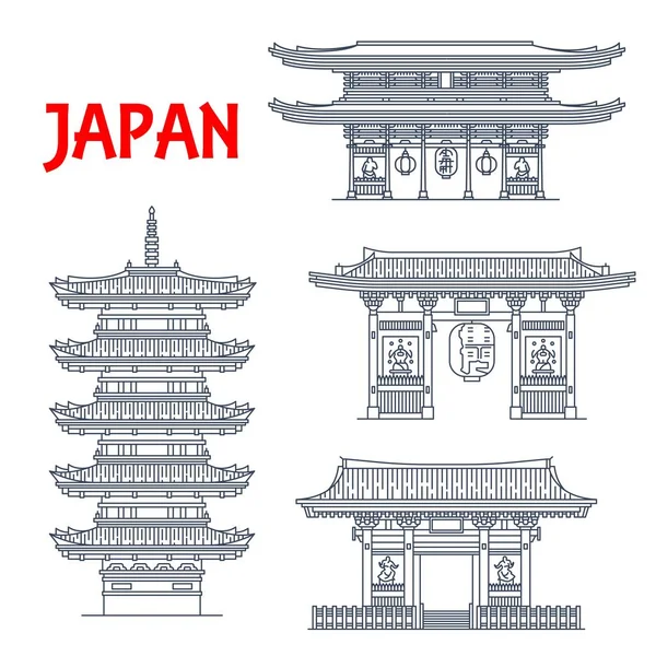 Templo budista japonês, pagode e ícones de portão — Vetor de Stock