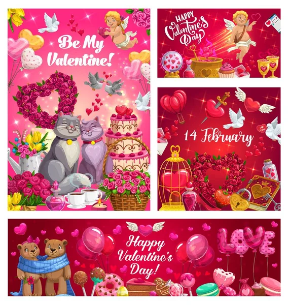 Ημέρα του Αγίου Βαλεντίνου ρομαντικά δώρα αγάπης, καρδιές, τριαντάφυλλα — Διανυσματικό Αρχείο