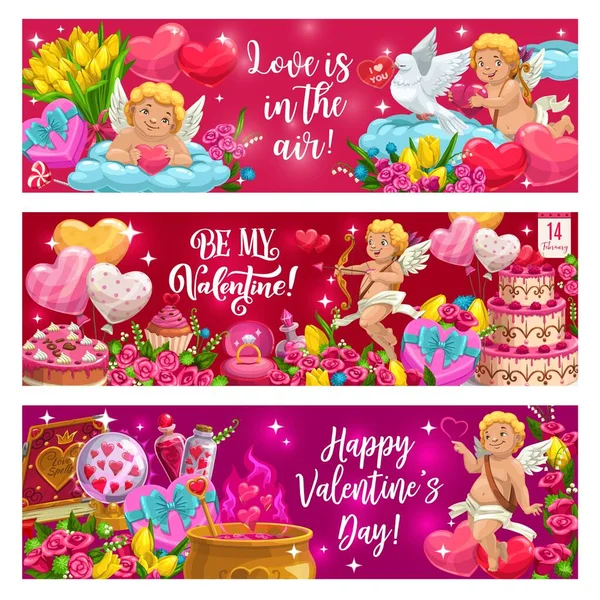 Walentynki z literami. Cupids, symbole miłości — Wektor stockowy