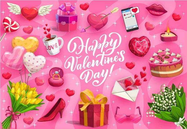 Regalos de San Valentín, corazones de amor y flores — Vector de stock