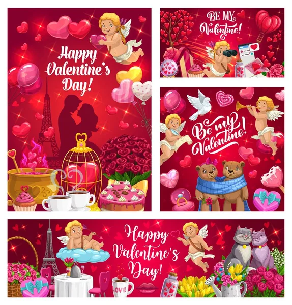 Cupidos con regalos de San Valentín, corazones, flores — Vector de stock