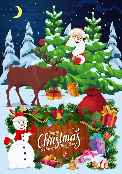 Noel Baba, kardan adam ve Noel ağacıyla geyik, hediyeler — Stok Vektör