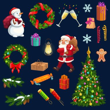 Noel ağacı, hediye, Noel Baba, kardan adam, kar ikonları
